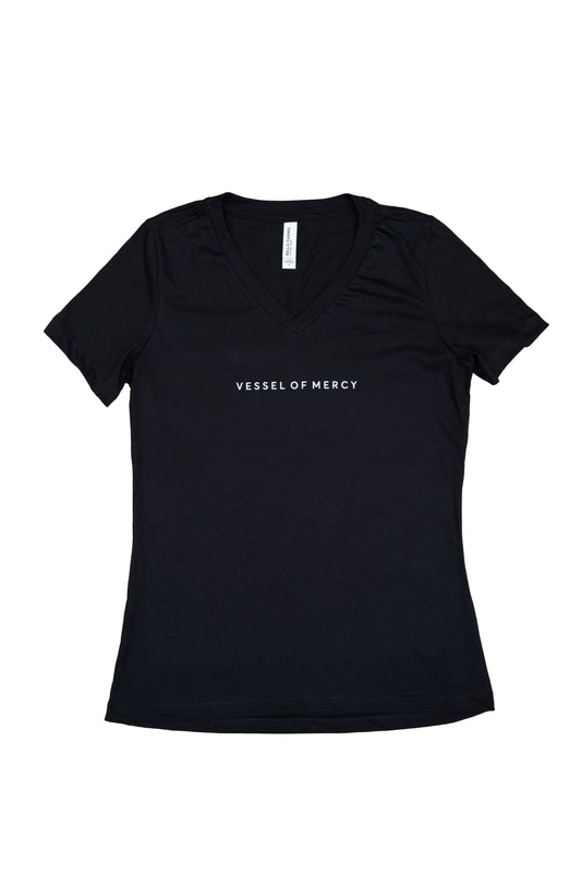 Women's v-neck black t-shirt, white writing