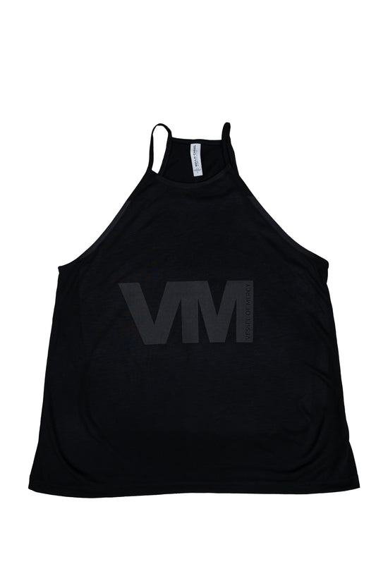 Women's black razor back tank top, Black VM logo